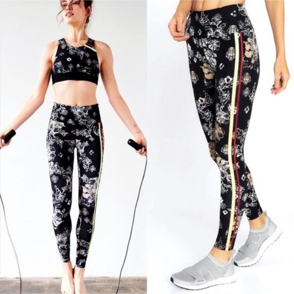 Free People Freestyle Medium Black Floral Striped Leggings - Picture 1 of 7
